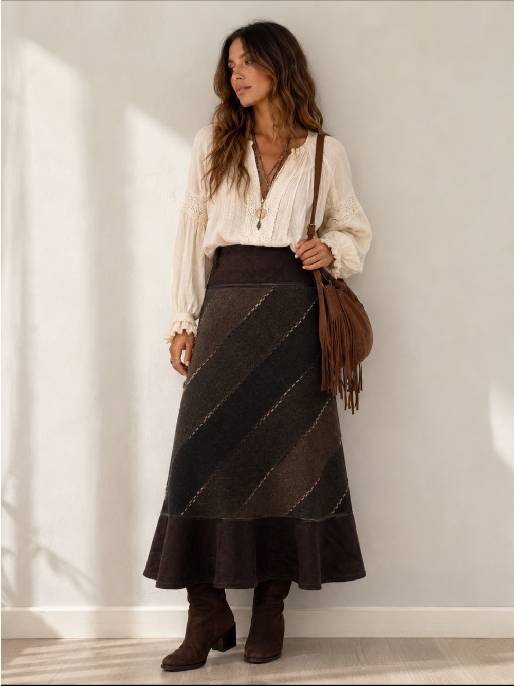 Vintage Elra Brown Wool A-Line Midi Skirt Panel Stitch Detail Size 42 Large